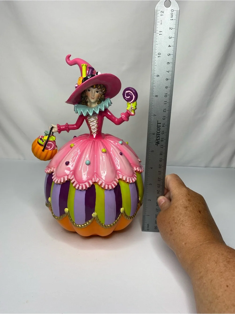 Whimsical Halloween Pink Fairy Witch Pumpkin Candy Base Figurine 10.5